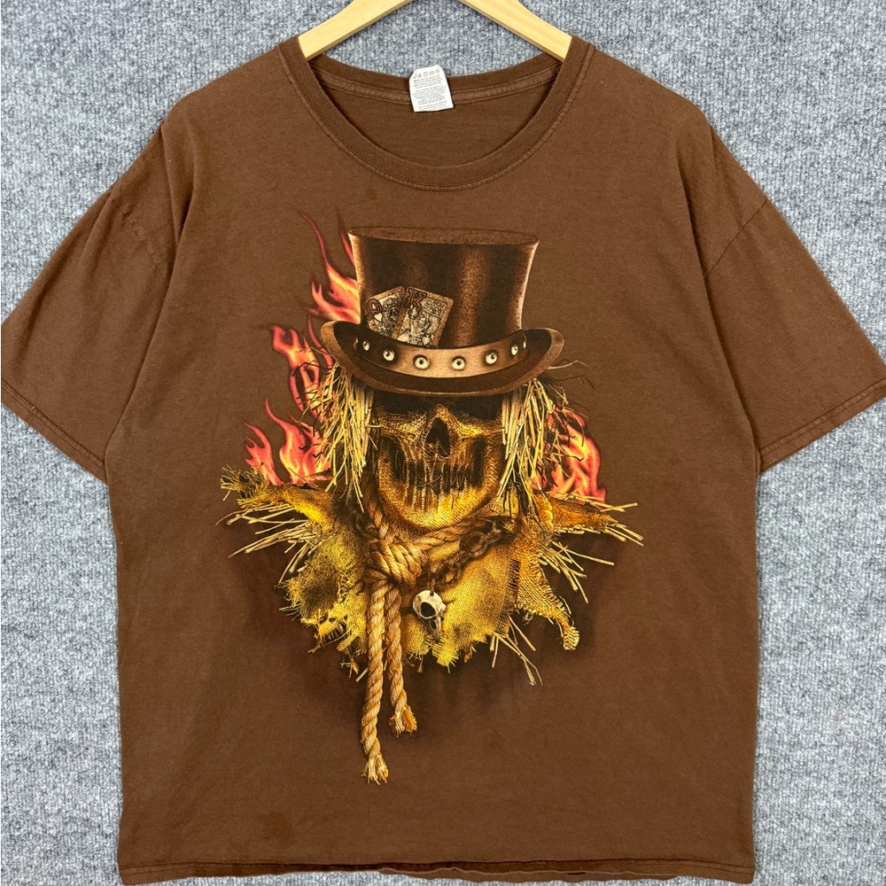 Scarecrow Skull In Top Hat Halloween T Shirt Y2K XL